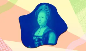 Porträtt av drottning Desideria i blå och grön ton, med en mjuk, abstrakt bakgrund i pastellfärger.