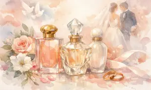Wodne kolory: bukiet róż, gołąbki, para młoda i flakoniki perfum, w tym Tom Ford Santal Blush, symbolizujące miłość i elegancję.