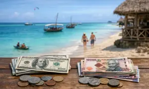 Dwa stosy pieniędzy, dolary i waluta Tanzanii, leżą na drewnianym stole. W tle tropikalna plaża z turkusową wodą, łodziami i parą spacerującą po brzegu. Zanzibar waluta.