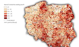 Mapa Polski z zaznaczonymi diecezjami i parafiami, pokazująca rozkład wskaźnika, który może odpowiadać na pytanie, ile jest katolików w Polsce. Ciemniejsze kolory oznaczają wyższe wartości.