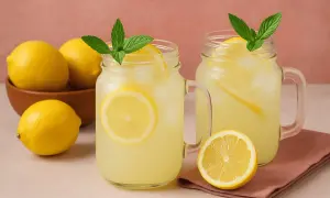 Deux verres de citronnade maison rafraîchissante, garnis de menthe et de rondelles de citron, avec des citrons frais à proximité.
