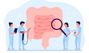 Medici esaminano un intestino ingrandito, simbolo di diagnosi e cura per la colite ulcerosa. Uno tiene una pillola, un altro una bottiglia di farmaci.