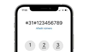 Pantalla de iPhone mostrando cómo llamar con número oculto. El código #31# precede al número de teléfono.