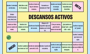 Tablero de juego para **descansos activos** en el aula, con casillas que proponen retos como nombrar animales, escribir rimas o dibujar.