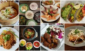 Kolorowe dania, idealne na menu na chrzciny: pierożki, tacos, sałatki, pad thai, ryby i falafel.