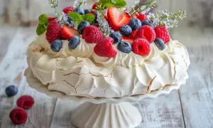 En vacker pavlova tårta med vispgrädde och färska bär som jordgubbar och hallon, dekorerad med mynta och små blommor.
