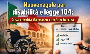 Carrozzina e bandiera italiana davanti al Colosseo. Documento "Valutazione Invalidità" con spunta su "Invalidità", "Legge 104" e "Verbale Unico". Riforma per invalidità 30 per cento.