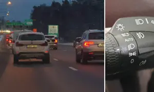 Trafik i mörker visar att man måste ha bakljus på dagen. Bilens strömbrytare visar olika ljuslägen.