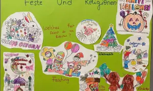 Kindergartenprojekt: verschiedene Kulturen und Feste. Bunte Zeichnungen zeigen Ostern, Halloween, Weihnachten, Ramadan, Fasching und Laternenfest.
