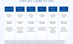 Guida alle calorie del vino: Spumante (80-95 kcal/100ml), Bianco Fermo (74-97), Rosso Fermo (75-100), Rosé (75-100), Bianco Dolce (98-107), Vino Liquoroso (116-154).