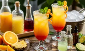 Deux cocktails colorés, parfaits pour un cocktail été, avec des fruits frais et des ingrédients pour les préparer.
