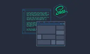 Code et maquette de site web, avec le logo Sass. Développement web avec Angular et Sass.