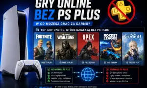 Konsola PS5 z kontrolerem, grafiki gier Fortnite, Warzone, Apex, Rocket League, Genshin Impact i ikony PS Plus z przekreśleniem.