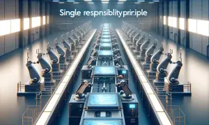 Linia produkcyjna z robotami, gdzie każdy wykonuje jedno zadanie, ilustrując zasadę pojedynczej odpowiedzialności.