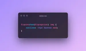 Extrait de code CSS montrant la pseudo-classe `:has()` pour styliser des images dans un élément `figure` qui contient une `figcaption`.