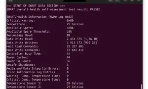 Wynik testu SMART dysku: PASSED. Ten program do sprawdzania dysków pokazuje temperaturę 29°C, 1,26 TB odczytu i 979 GB zapisu.