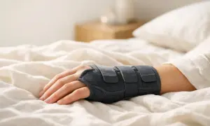 Polso fasciato per alleviare i dolori di mani e piedi di notte. Riposo a letto con tutore.