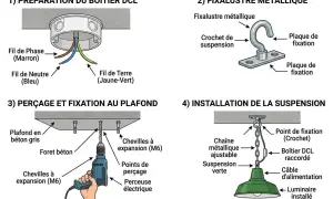 Étapes pour installer luminaire plafond : préparation du boîtier DCL, fixation métallique, perçage et installation de la suspension.