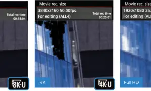 Porównanie nagrań: 8K, 4K i Full HD. Najwyższa rozdzielczość 1080p oferuje najdłuższy czas nagrania.