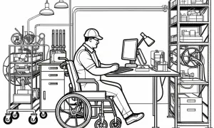 Uomo in sedia a rotelle lavora al computer, in un ambiente che ricorda un laboratorio o un ufficio. Potrebbe essere un esempio di congedo per cure invalidi depressione, dove il lavoro da remoto è una soluzione.