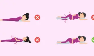 Posiciones correctas e incorrectas para dormir boca arriba en el embarazo. La posición ideal es de lado con una almohada entre las piernas.