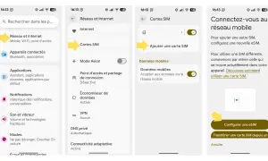 Configuration d'une eSIM sur votre téléphone. L'image montre les étapes pour ajouter une nouvelle carte SIM ou configurer une eSIM.