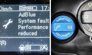 Varning för AdBlue-systemfel på bilens display. Bredvid syns AdBlue-locket, vilket kan ge en hint om hur mycket adblue drar en bil.