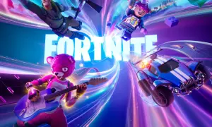 Postacie z Fortnite, w tym Jonesy, robot z klocków i różowy miś grający na gitarze, w dynamicznej scenerii. Graj w Fortnite przez Xbox Cloud Gaming!