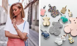 Kobieta w różowych spodniach i biały T-shirt, obok kolekcja zawieszek Tous w kształcie misia. Tous co to znaczy? To styl!