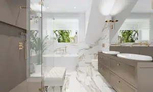 Elegancka łazienka modern classic z wanną, prysznicem, dwoma umywalkami i złotymi detalami.