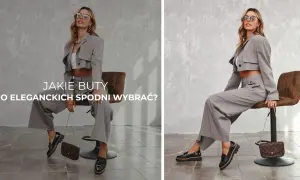 Eleganckie buty damskie do szerokich spodni. Stylowa kobieta w szarym garniturze i czarnych mokasynach.