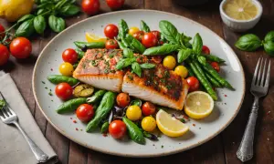 Un délicieux filet de lingue grillé, garni d'herbes fraîches, servi avec des tomates cerises, des haricots verts et des quartiers de citron.