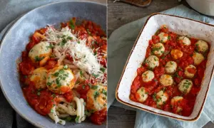 Leckeres polpette rezept: herzhafte Fleischbällchen in Tomatensauce, einmal im Teller mit Pasta und Parmesan, einmal im Auflauf.