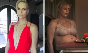 Charlize Theron w czerwonej sukni i w innej, przytyła do roli.