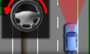 Sistema de aviso de salida de carril. El coche azul se desvía de su carril, activando una alerta roja.