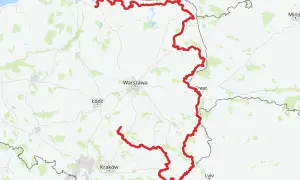 Mapa Polski z zaznaczoną na czerwono najdłuższą ścieżką rowerową w Polsce, biegnącą od wybrzeża Bałtyku przez Warszawę aż po okolice Krakowa.