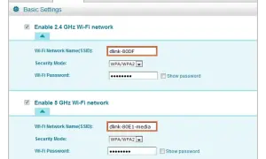 Ustawienia routera: nazwa sieci Wi-Fi (SSID) to "dlink-80DF" dla pasma 2.4 GHz i "dlink-80E1-media" dla 5 GHz.
