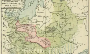 Mapa z X wieku: Polska i Słowianie za Mieszka I. Widać tu ziemie Polan, Mazowszan, Ślężan, Czechów, Morawian, Słowaków, Węgrów, a także inne plemiona.