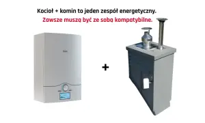 Nowoczesny kocioł i szary wkład do komina, tworzące razem system grzewczy.