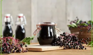 Słoik z syropem z czarnego bzu, świeże owoce i butelki. Czarny bez w ciąży to naturalne wsparcie.