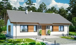 Nowoczesny, parterowy dom z drewnianymi elementami. Idealne projekty domów prostych i tanich w budowie, z pięknym ogrodem i błękitnym niebem.