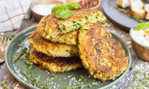 Goldbraune Zucchinipuffer mit Haferflocken, garniert mit Basilikum, auf einem Teller mit Kräutern und grobem Salz.