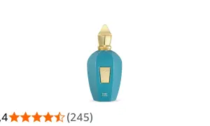 Elegancka, turkusowa butelka perfum Xerjoff Erba Pura ze złotym korkiem i ozdobnym logo.