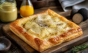 Tarte feuilletée au fromage fondant et arôme de truffe, accompagnée de jus d'orange et de truffes noires fraîches.