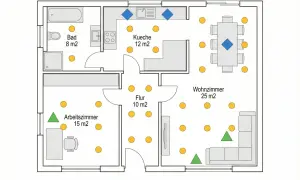 Grundriss mit Lichtplanung für einen Neubau: Einbaustrahler, Pendelleuchten und Stimmungslicht sind für Bad, Küche, Flur, Arbeits- und Wohnzimmer markiert.