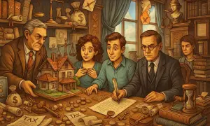 Un notaio illustra ai figli il modello di una casa, mentre uno di loro firma un documento. Si discute di donazione casa ai figli con usufrutto, tra libri di legge e monete.