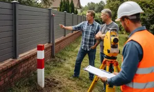 Geodeta z niwelatorem pomaga ustalić, jak sprawdzić granice działki. Dwóch mężczyzn obserwuje pomiar przy ogrodzeniu.