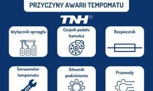 Przyczyny awarii tempomatu: wyłącznik sprzęgła, czujnik pedału hamulca, bezpiecznik, serwomotor tempomatu, siłownik podciśnienia, przewody.