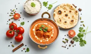 En krämig butter chicken med ris och naanbröd, omgiven av färska tomater och kryddor. En härlig indisk måltid.