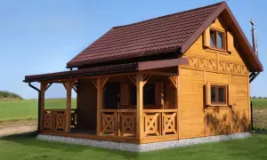 Drewniany domek z werandą, idealny na działkę rekreacyjną. Taki dom można postawić na zgłoszenie, jeśli spełnia warunki zabudowy.